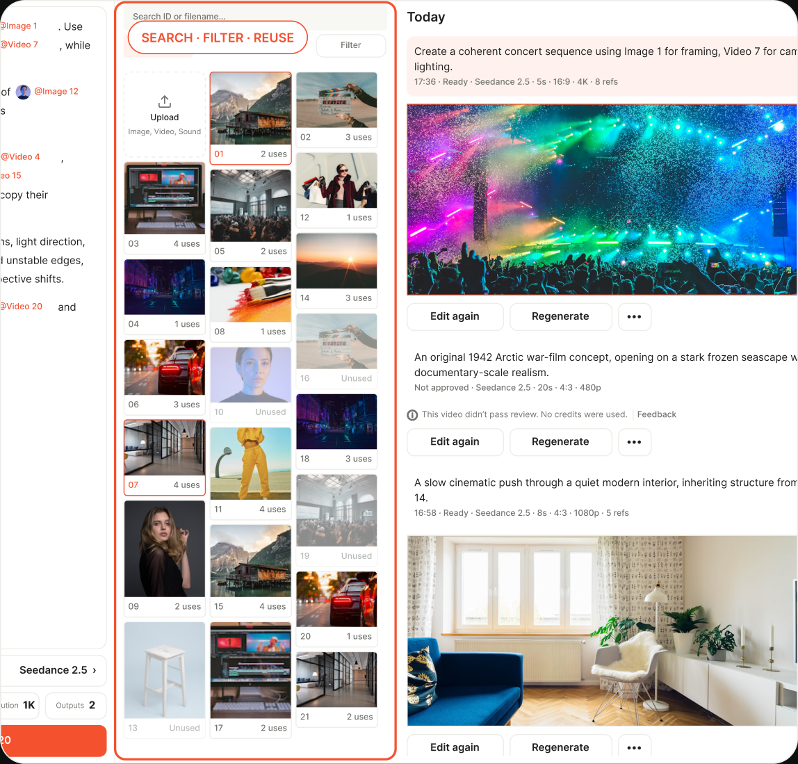 Longtake materials library connected to its generation history