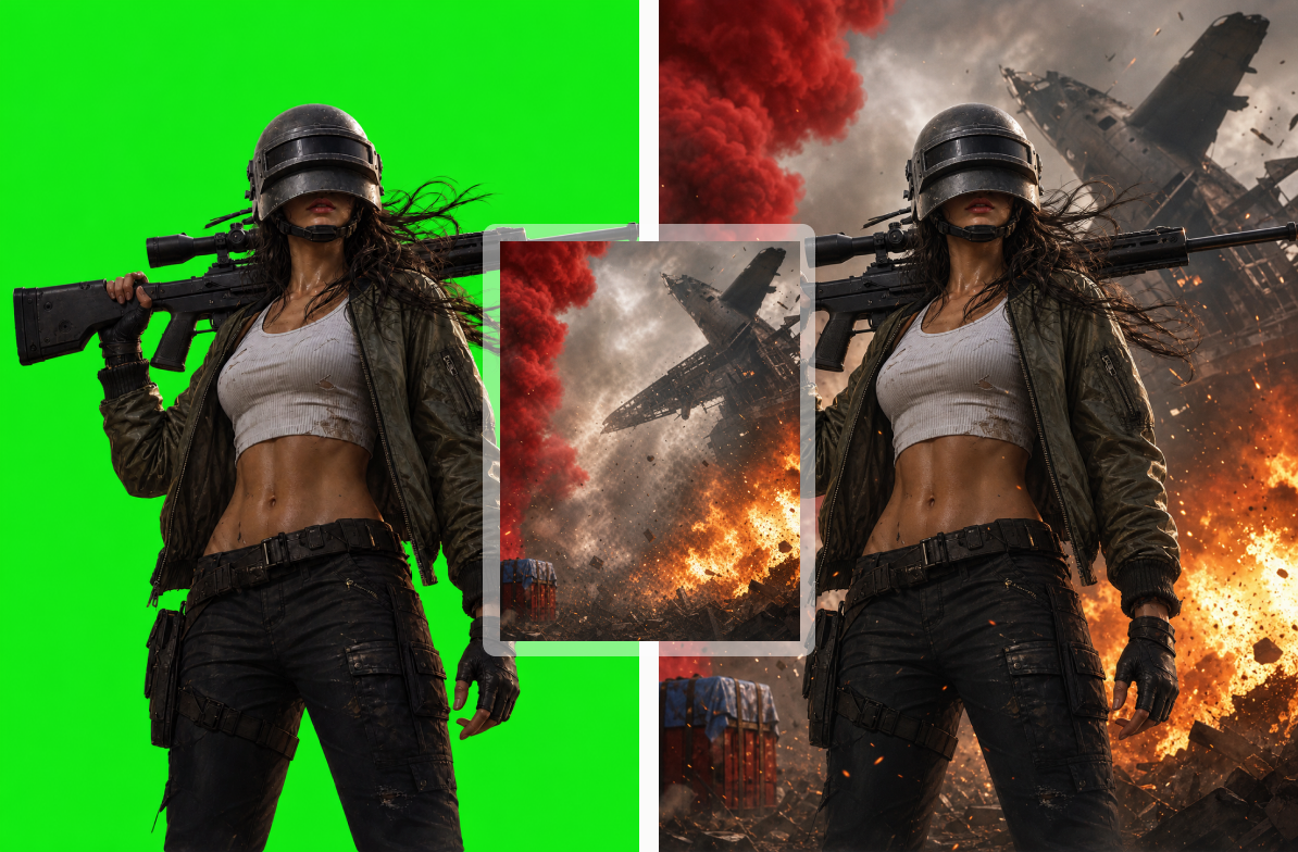 A green-screen performance placed into a cinematic action environment