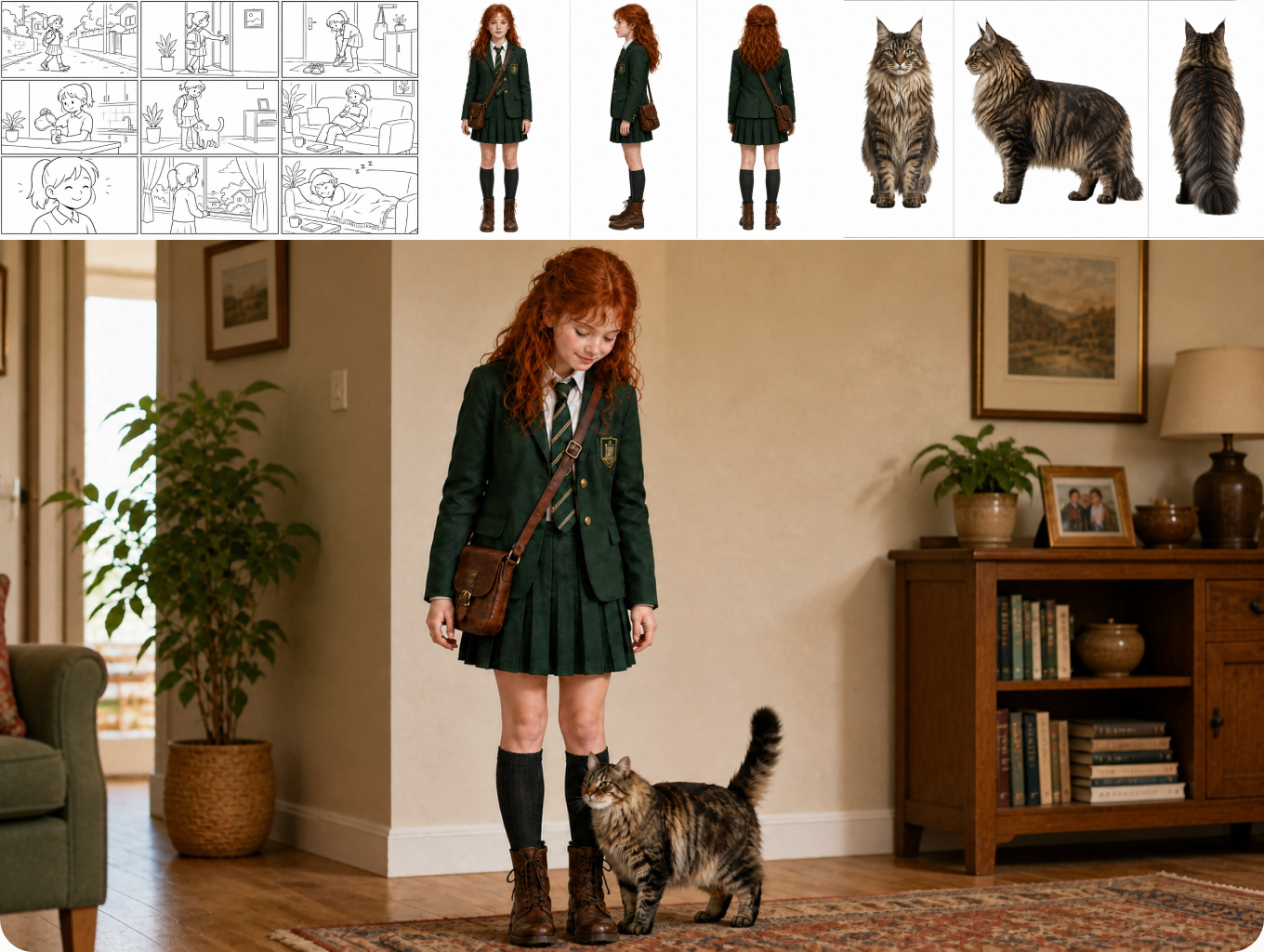 Multiple storyboard frames combined into one connected video sequence