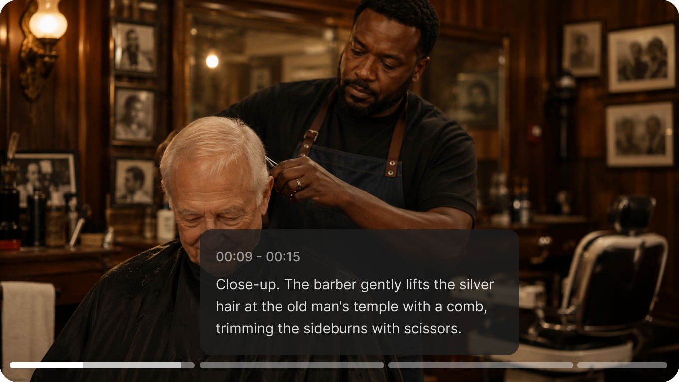 A cinematic scene directed with timestamp-specific instructions